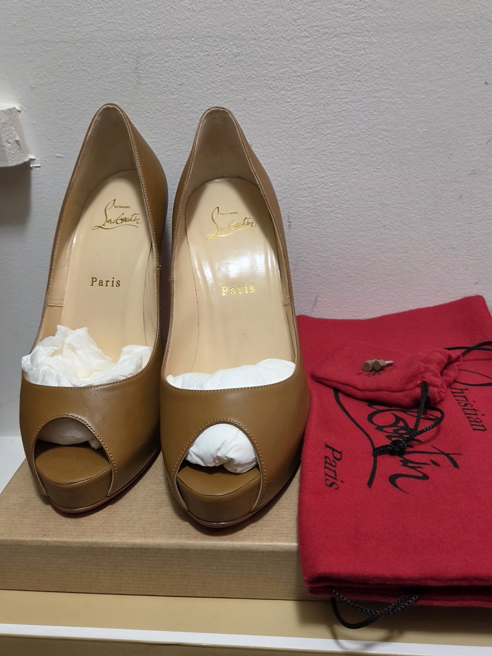 Christian Louboutin Camel Peep-Toe Leather Pumps